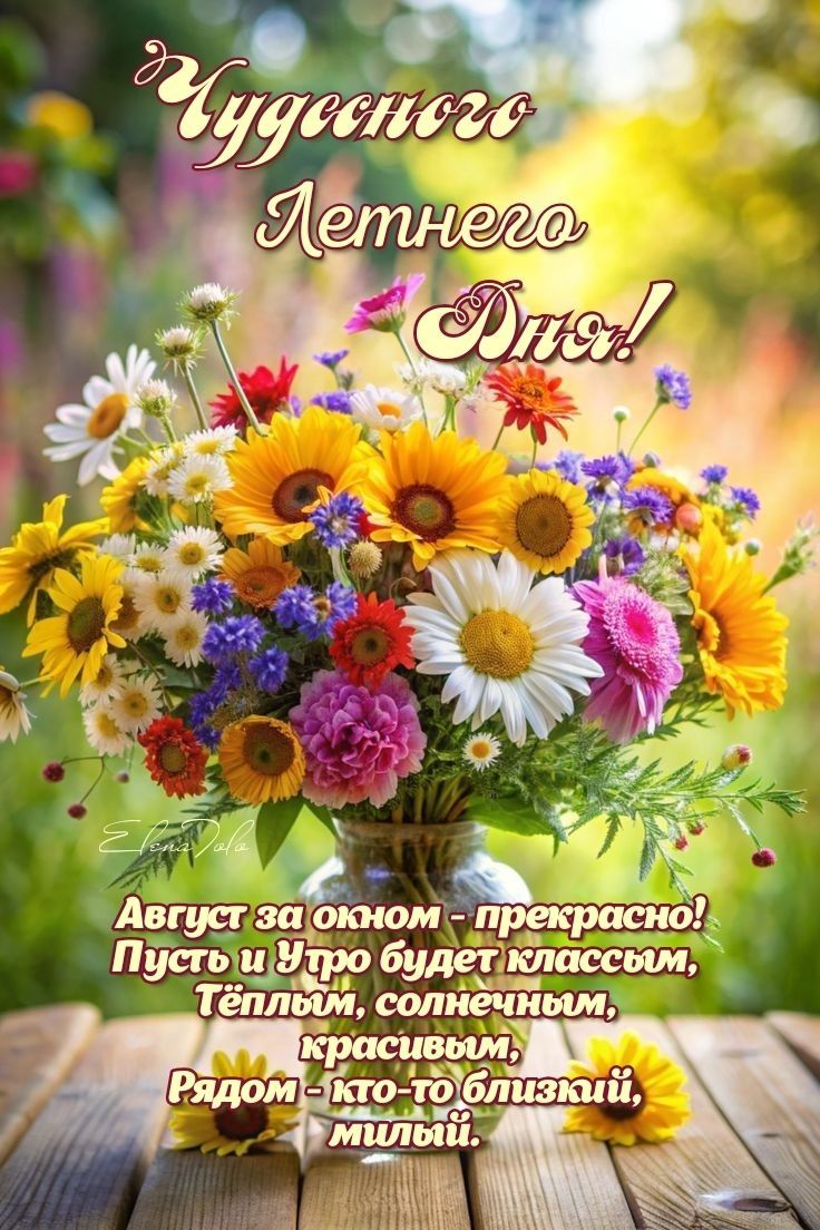 Чудесного Летнего Дня!
Август за окном - прекрасно! Пусть и Утро будет классным, Тёплым, солнечным, красивым, Рядом - кто-то близкий, милый.