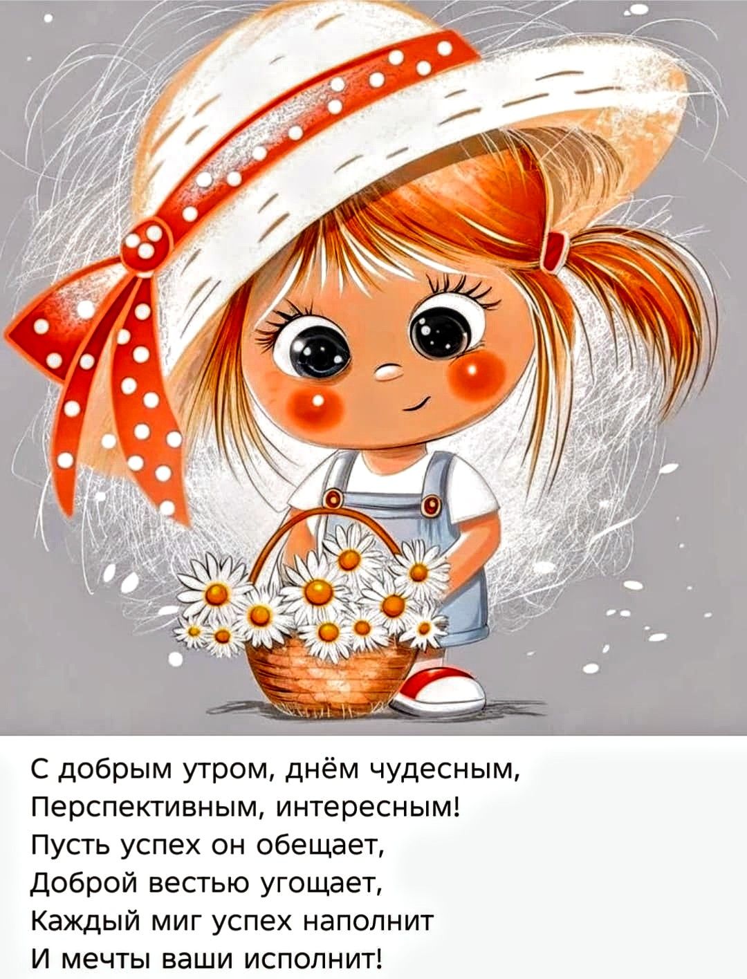 С добрым утром, днём чудесным,
Перспективным, интересным!
Пусть успех он обещает,
Доброй вестью угождает,
Каждый миг успех наполнит
И мечты ваши исполнит!