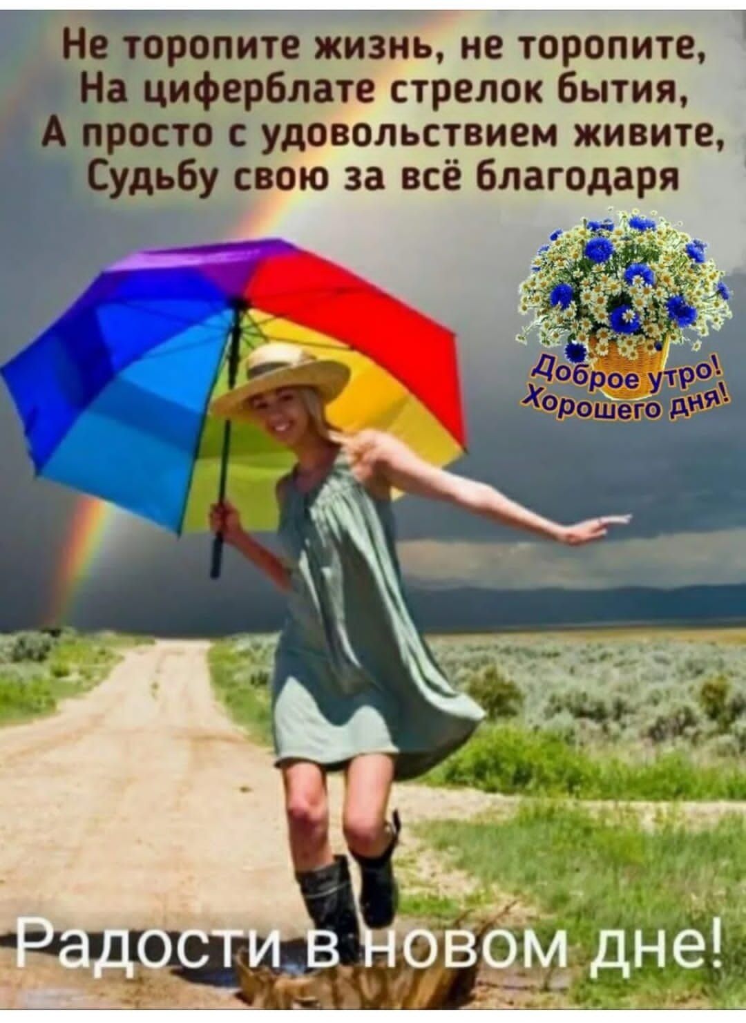 Не торопите жизнь, не торопите, На циферблате стрелок битья, А просто с удовольствием живите, Судьбу свою за всё благодаря.

Доброе утро! Хорошего дня!

Радости в новом дне!
