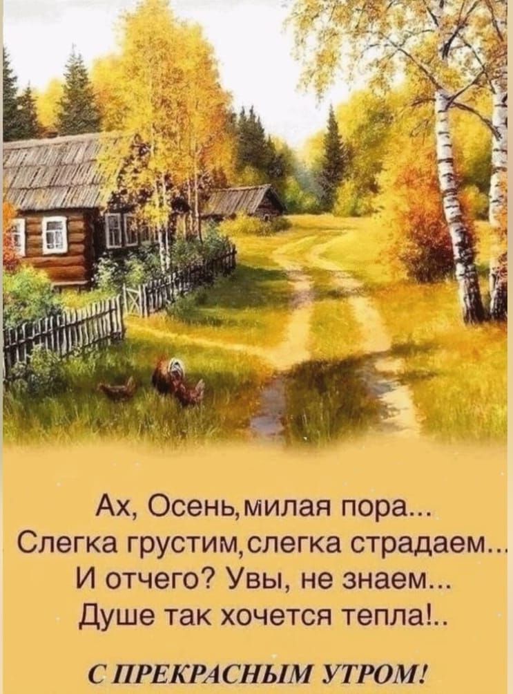 Ах, Осень, милая пора...
Слегка грустим, слегка страдаем...
И отчего? Увы, не знаем...
Душе так хочется тепла!

С ПРЕКРАСНЫМ УТРОМ!