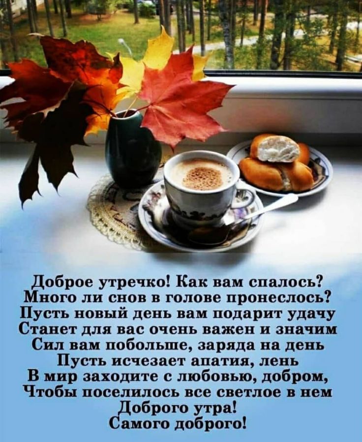 Доброе утречко! Как вам спалось? Много ли снова в голове пронеслось? Пусть новый день вам подарит удачу Станет для вас очень важен и значим Сил вам побольше, заряд на день Пусть исчезает апатия, лень В мир заходите с любовью, добром, Чтобы поселилось все светлое в нем Доброе утро! Самого доброго!