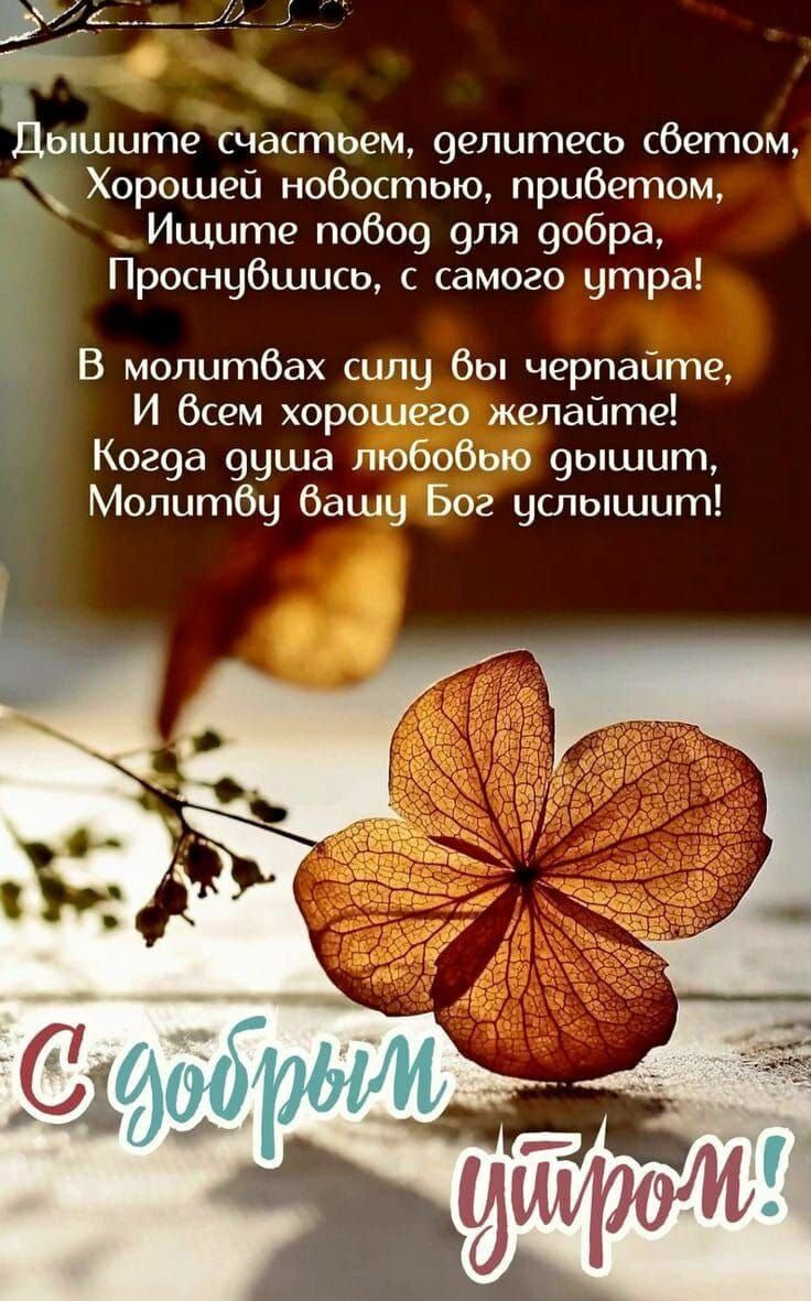 Дышите счастьем, делитесь светом, Хорошей новостью, приветом, Ищите повод для добра, Проснувшись, с самого утра!

В молитвах силу вы черпайте, И всем хорошего желайте! Когда душа любовью дышит, Молитву вашу Бог услышит!