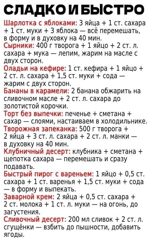 СЛАДКО И БЫСТРО

Шарлотка с яблоками: 3 яйца + 1 ст. сахара + 1 ст. муки + 3 яблока — всё перемешать, в форму и в духовку на 40 мин.

Сырники: 400 г творога + 1 яйцо + 2 ст. л. сахара + мука — лепим, жарим на масле с двух сторон.

Оладьи на кефире: 1 ст. кефира + 1 яйцо + 2 ст. л. сахара + 1,5 ст. муки + сода — жарим с двух сторон.

Бананы в карамели: 2 банана обжарить на сливочном масле + 2 ст. сахара до золотистой корочки.

Торт без выпечки: печенье + сметана + сахар — слоями, настаиваем в холодильнике.

Творожная запеканка: 500 г творога + 2 яйца + 3 ст. л. сахара + 2 ст. л. манки — в духовку на 40 мин.

Клубничный десерт: клубника + сметана + щепотка сахара — перемешать и сразу подавать.

Быстрый пирог с вареньем: 1 яйцо + 0,5 ст. сахара + 1 ст. варенья + 1,5 ст. муки + сода — варим в выпечке.

Банановый десерт: 200 мл сливок + 2 ст. л. сгущёнки — взбить до пышности, добавить ягоды.
