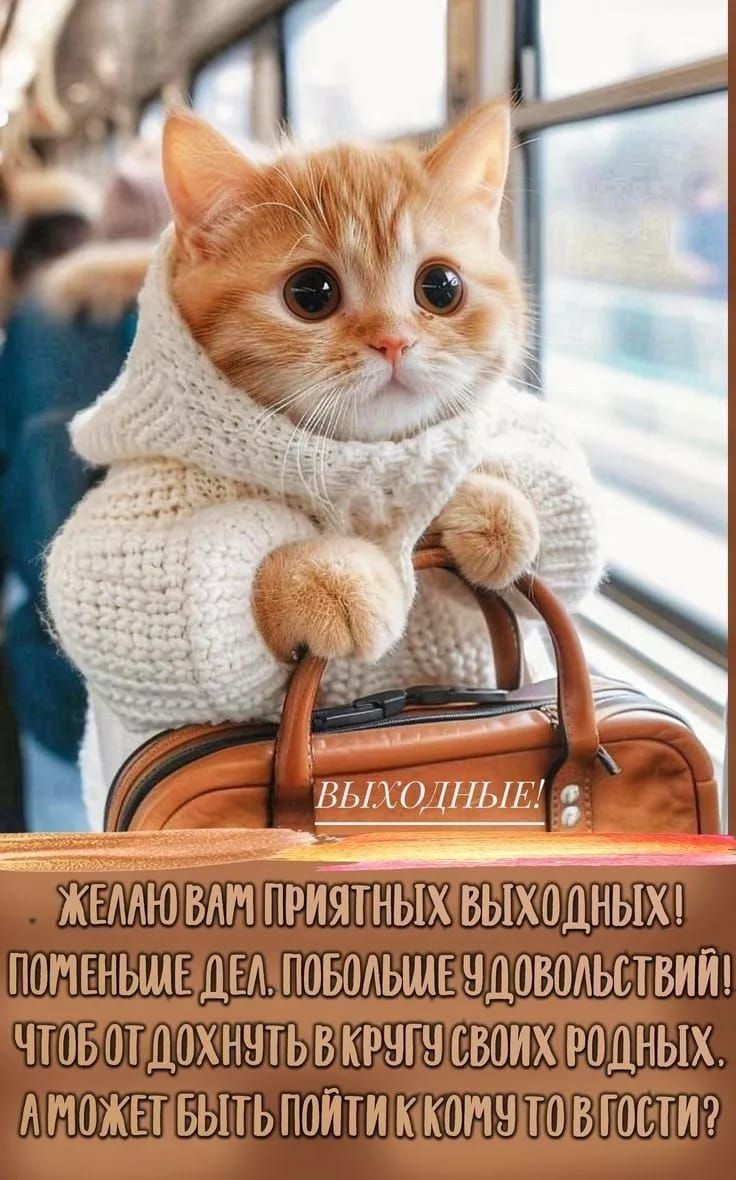 ВЫХОДНЫЕ! ЖЕЛАЮ ВАМ ПРИЯТНЫХ ВЫХОДНЫХ! ПОМЕНЬЕ ДЕЛ. ПОБОЛЕЕ УДОВОЛЬСТВИЙ! ЧТОБ ОТ ДОХНУТЬ В КРУГУ СВОИХ РОДНЫХ. А МОЖЕТ БЫТЬ ПОЙТИ К КОМУ-ТО В ГОСТИ?