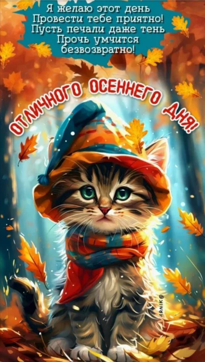 Я желаю этот день провести тебе приятно! Пусть печали даже тень прочь уймится безвозвратно! ОТЛИЧНОГО ОСЕННЕГО ДНЯ!