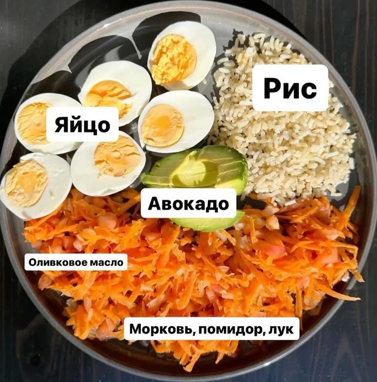 Яйцо, Авокадо, Рис, Оливковое масло, Морковь, помидор, лук