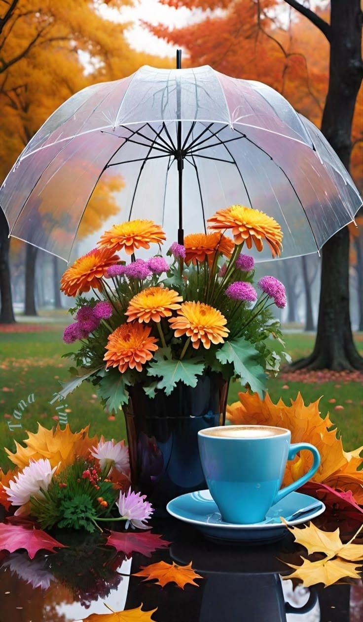 Осенний стол с цветами под прозрачным зонтом и чашкой на блюдце