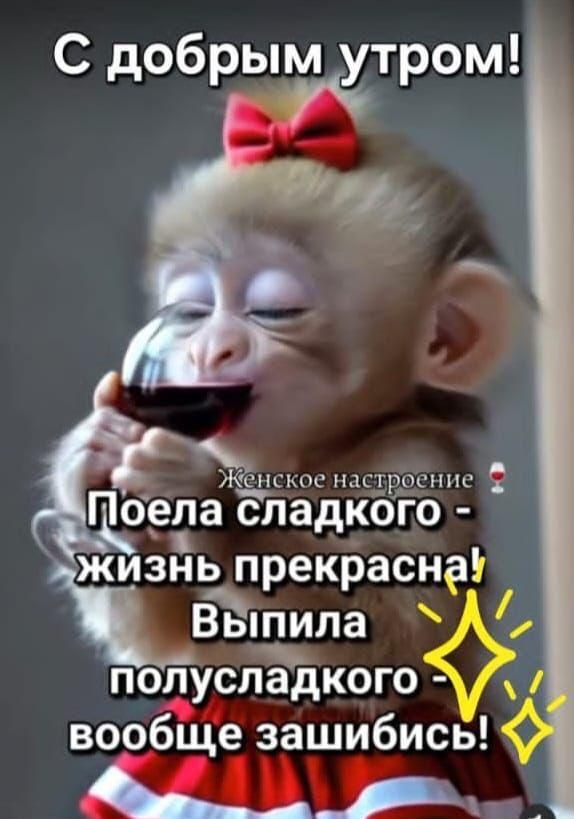 С добрым утром! Женское настроение Поела сладкого - жизнь прекрасна! Выпила полусладкого - вообще зашибись!