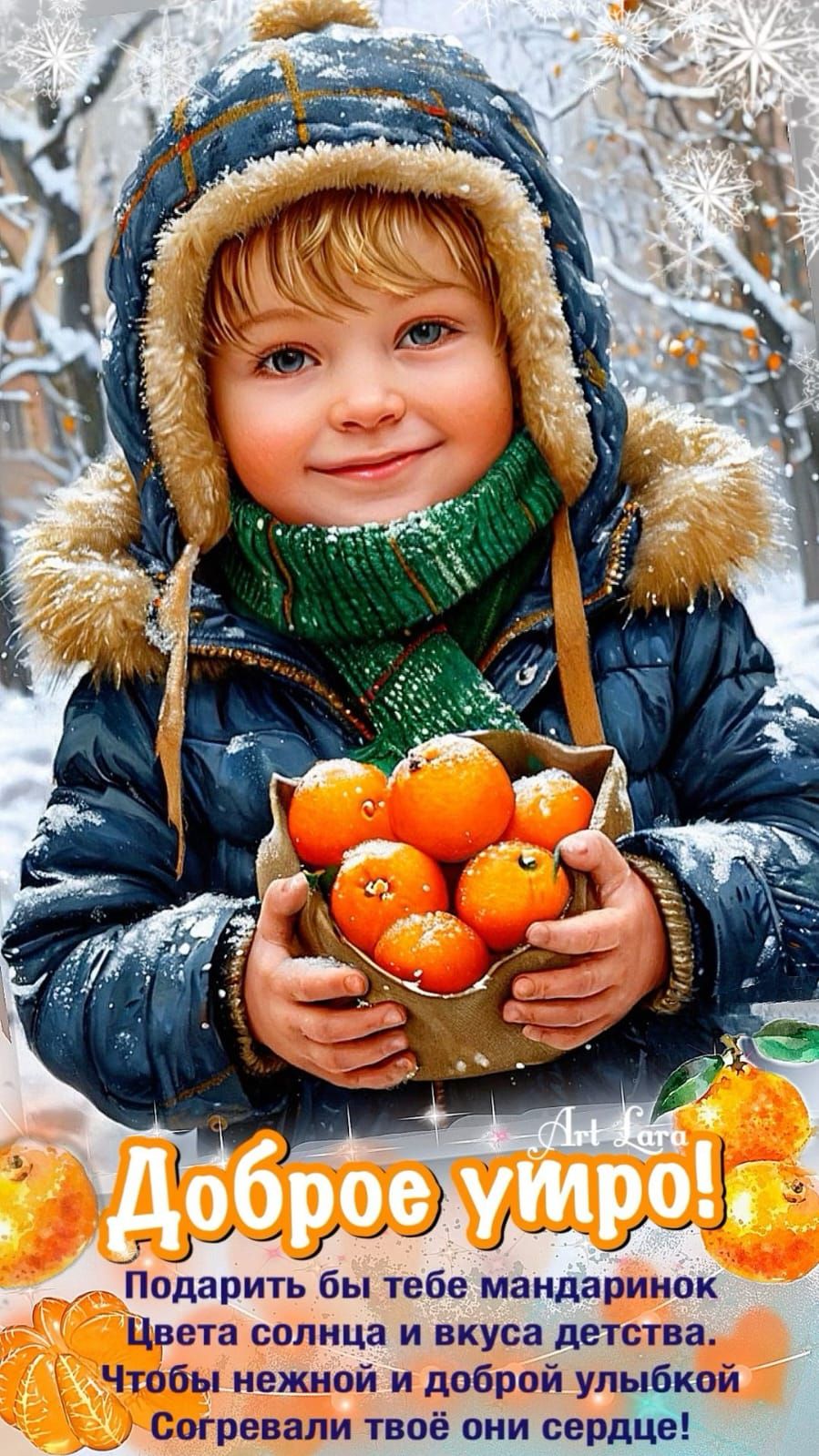 Доброе утро!
Подарить бы тебе мандаринок
Цвета солнца и вкуса детства.
Чтобы нежной и доброй улыбкой
Согревали твоё сердце!