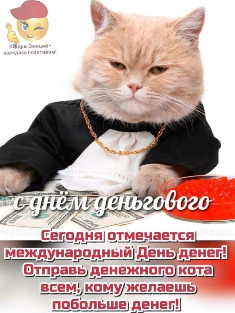 Сегодня отмечается международный День денег! Отправь денежного кота всем, кому желаешь побольше денег!