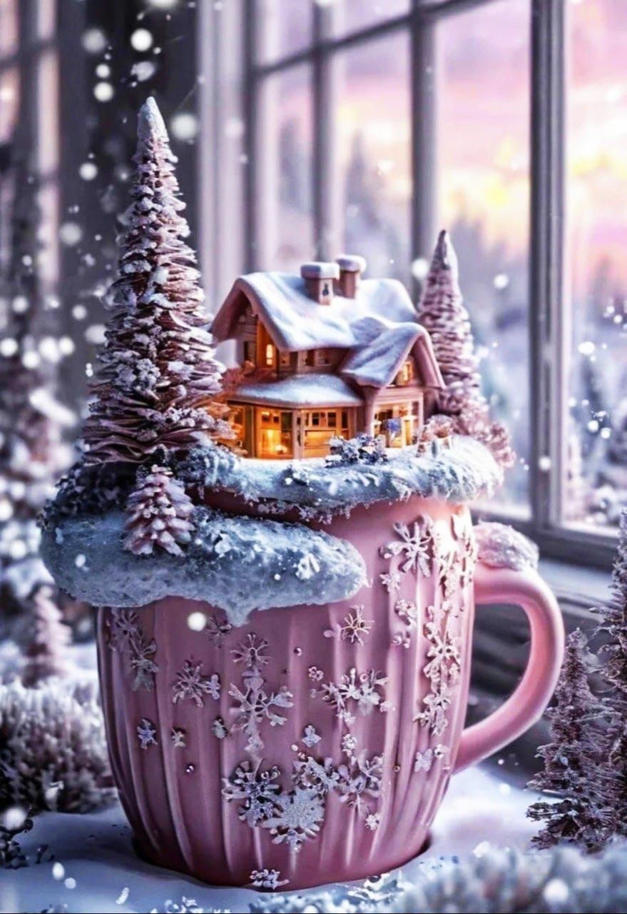 Зимняя миниатюра: домик и елочки на краю кружки, наполненной снегом, на окне
