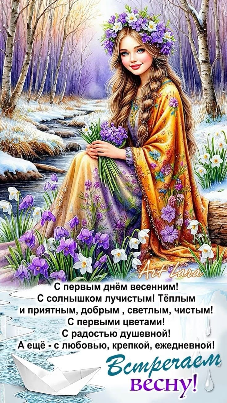 С первым днем весенним! С солнечным лучистым! Теплым и приятным, добрым, светлым, чистым! С первыми цветами! С радостью душевной! А ещё — с любовью, крепкой, ежедневной! Встречаем весну!