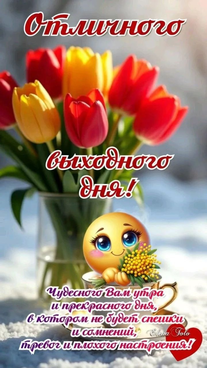 Отличного выходного дня!\nЧудесного утра и прекрасного дня, в котором не будет спешки и сомнений, тревог и плохого настроения!