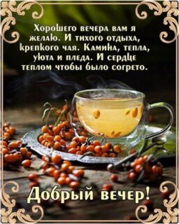 Хорошего вечера вам я желаю. И тихого отдыха, крепкого чая. Камина, тепла, уюта и пледа. И сердце теплом чтобы было согрето. Добрый вечер!