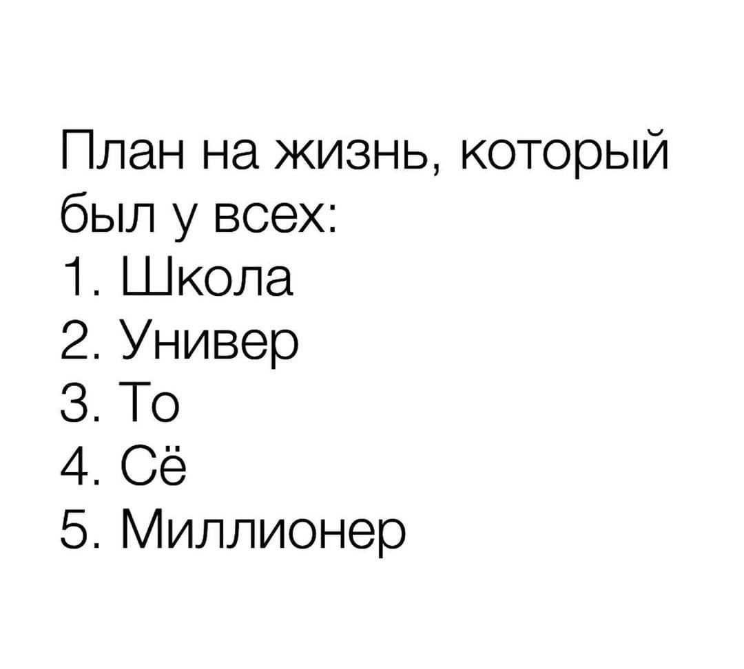 План на жизнь который был у всех 1 Школа 2 Универ 3 То 4 Сё 5 Миллионер
