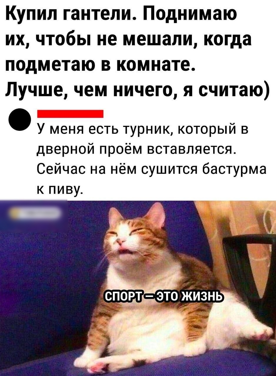 Купил гантели Поднимаю их чтобы не мешали когда подметаю в комнате Лучше чем ничего я считаю У меня есть турник который в дверной проём вставляется Сейчас на нём сушится бастурма к пиву