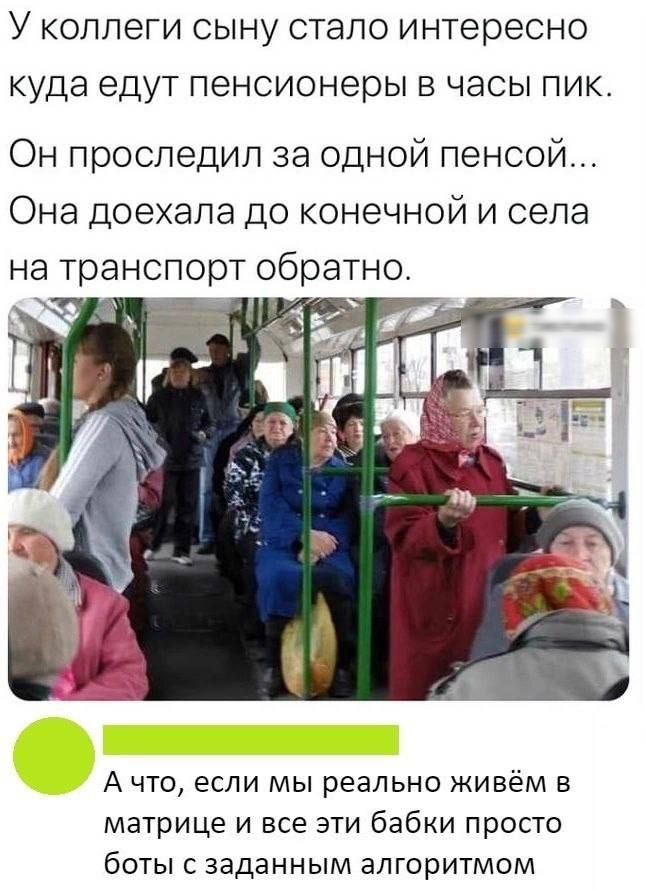 У коллеги СЫНУ СТЭЛО ИНТЕРЕСНО куда ЭДУТ пенсионеры В часы ПИК Он проследил за одной пенсой Она доехала до конечной и села А что если мы реально живём в матрице и все эти бабки просто боты с заданным алгоритмом