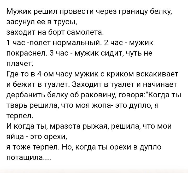 Мужик решил провести через границу белку засунул ее в трусы заходит на борт самолета 1 час полет нормальный 2 час мужик покраснел 3 час мужик сидит чуть не плачет Где то в 4 ом часу мужик с криком вскакивает и бежит в туалет Заходит в туалет и начинает дербанить белку об раковину говоряКогда ты тварь решила что моя жопа это дупло я терпел И когда ты мразота рыжая решила что мои яйца это орехи я то