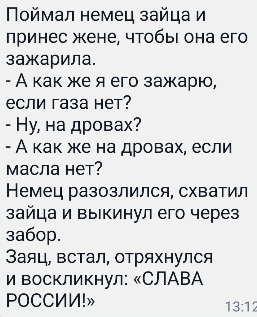 Поймал немец зайца и принес жене чтобы она его зажарила А как же я его зажарю если газа нет Ну на дровах А как же на дровах если масла нет Немец разозлился схватил зайца и выкинул его через забор Заяц встал отряхнулся и воскликнул СЛАВА РОССИИ 1332