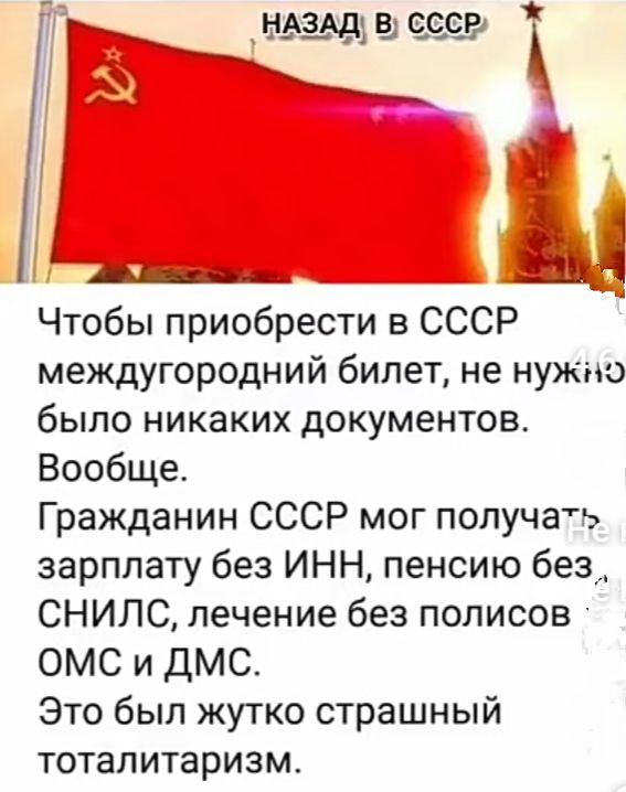 Чтобы приобрести в СССР междугородний билет не нужно было никаких документов Вообще Гражданин СССР мог получать зарплату без ИНН пенсию без СНИЛС лечение без полисов ОМС и ДМС Это был жутко страшный тоталитаризм