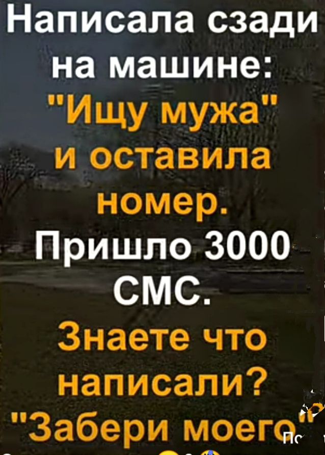 Написала сзади на машине Ищу мужа и оставила номер Пришло 3000 СМС Знаете что написали _ 3абери_ М_оегеіт