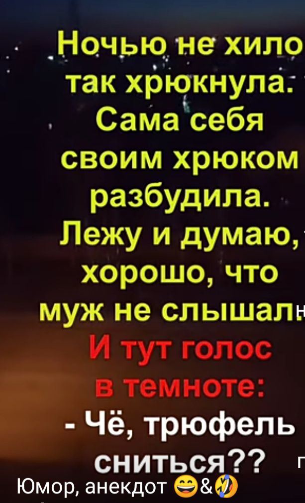 _Ночыо_нехило такхрЮКнупа СаМасебя своим хрюком разбудила Лежу и думаю хорошочто муж не слышали И тут голос втемноте Чё трюфепь сниться г Юмор анекдот 959