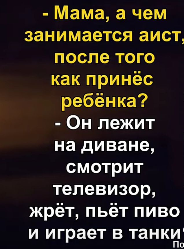 Мама а чем занимается аист после того как принёс ребёнка Он лежит на диване смотрит телевизор жрёт пьёт пиво и играет в танки