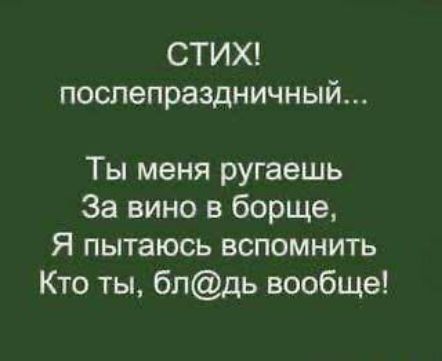 СТИХ послепраздничный Ты меня ругаешь За вино в борще Я пытаюсь вспомнить Кто ты блдь вообще