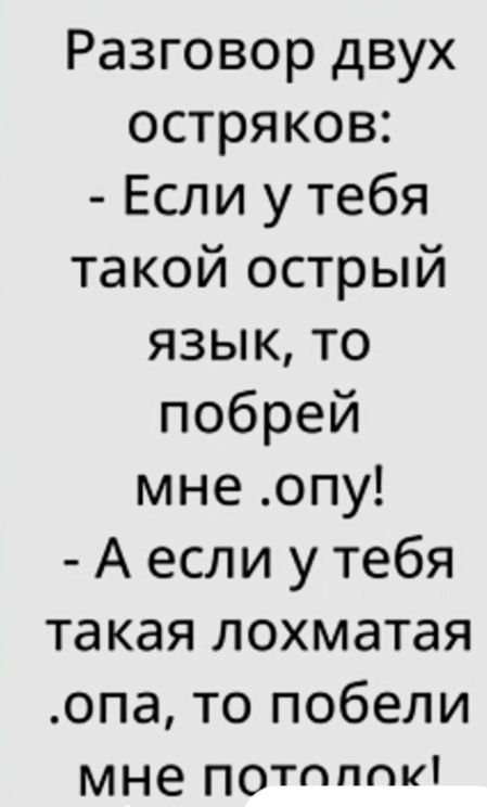 Разговор двух остряков Если у тебя такой острый язык то побрей мне опу А если у тебя такая лохматая опа то побели мне потпппи