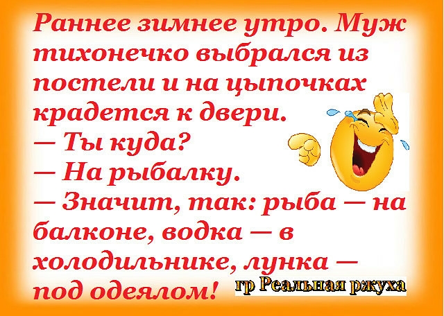 Раннее зш нее утро Мужс тихонечко выбрался из постели и на цыпочкахт крадется двери _ Тгы куда СЭ К Ьо рыбатг Значит так рыба на балконе еадка в холодильнике лунка под одетьюм