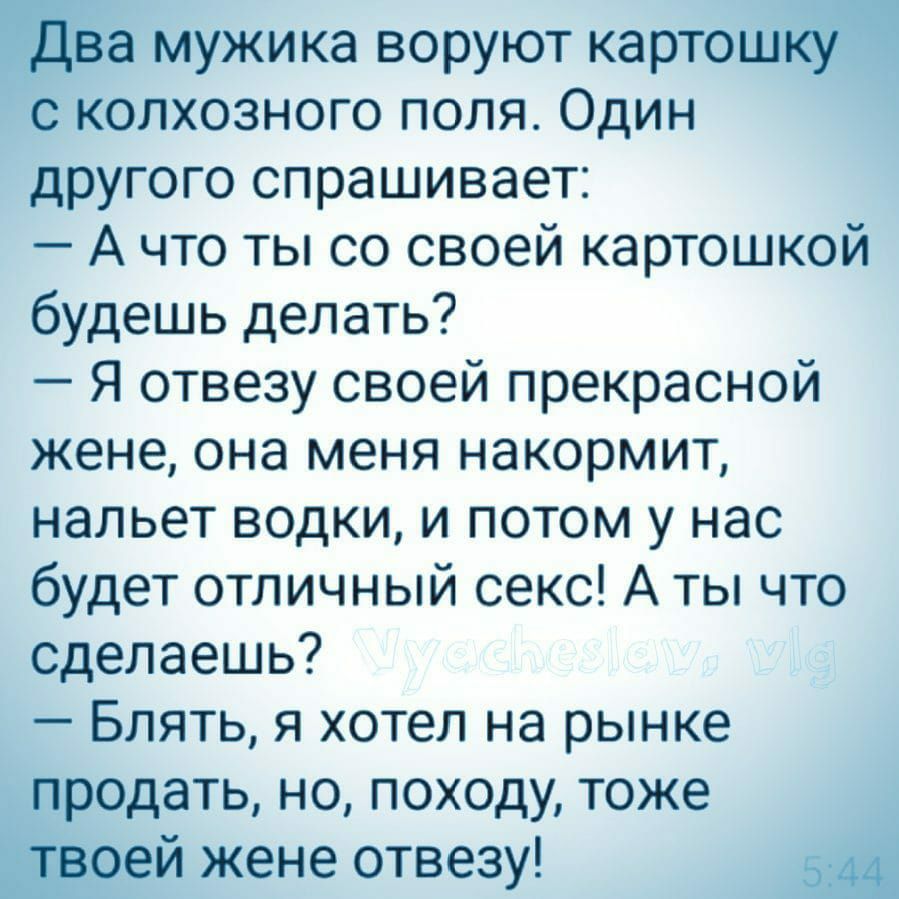 Два мужика воруют картошку с колхозного поля Один другого спрашивает А что ты со своей картошкой будешь делать Я отвезу своей прекрасной жене она меня накормит нальет водки и потом у нас будет отличный секс А ты что сделаешь Блять я хотел на рынке продать но походу тоже _ттвоей жене отвезу 51