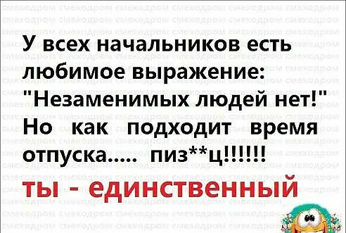 У всех начальников есть любимое выражение Незаменимых людей нет Но как подходит время отпуска пизц ТЫ единственный