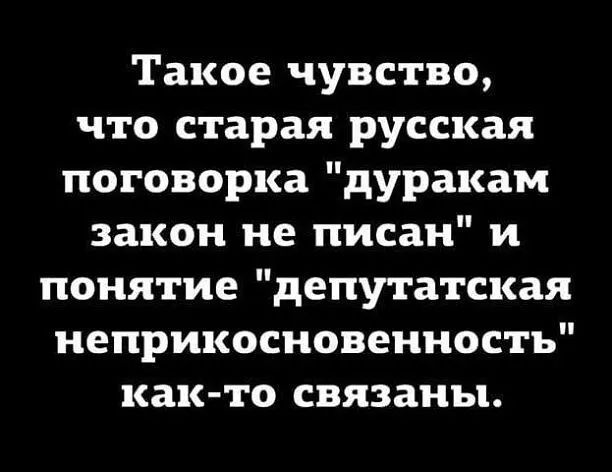Такое чувство что старая русская поговорка дуракам закон не писан и понятие депутатская неприкосновенность как то связаны