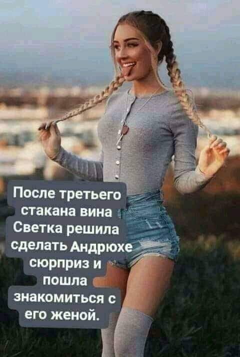 После третьего стакана вина Светка решила _ сделать Андрюх сюрприз и пошла знакомиться с его женой