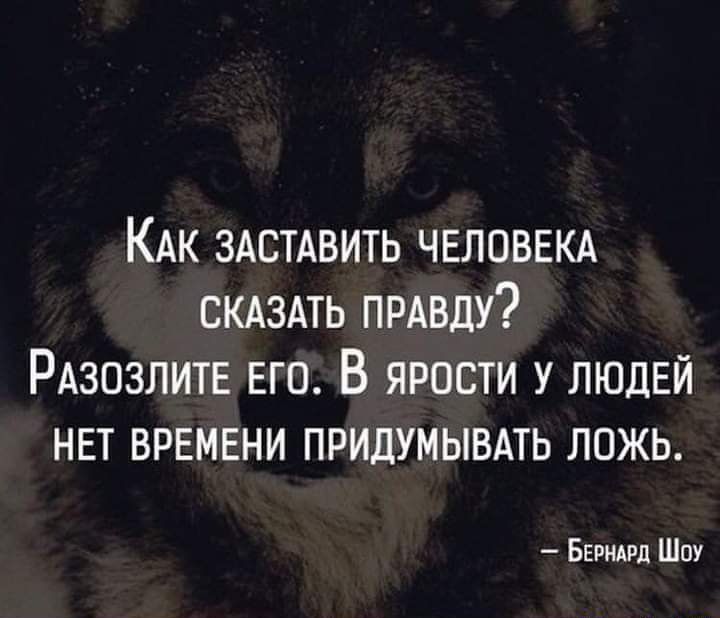 Кдк ЗАСТАВИТЬ чвловвкд СКАЗАТЬ ПРАВДУ РАЗОЗЛИТЕ ЕГО В ЯРОСТИ У ЛЮДЕЙ нет времени придумывмь ложь Бернард Шау