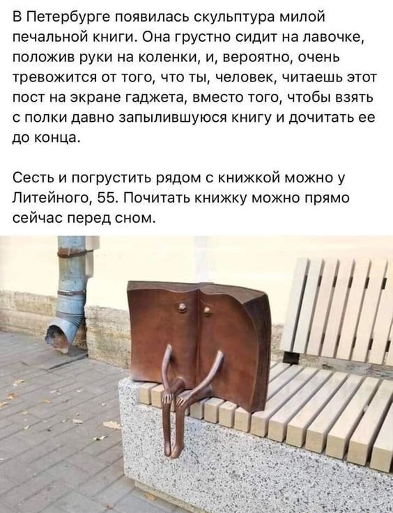 В Петербурге появилась скульптура милой печальной книги Она грустно сидит на лавочке положив руки на коленки и вероятно очень тревожится от того что ты человек читаешь этот пост на экране гаджета вместо того чтобы взять с полки давно запыпившуюся книгу и дочитать ее до конца Сесть и погрустить рядом книжкой можно у Литейного 55 Почитать книжку можно прямо сейчас перед сном