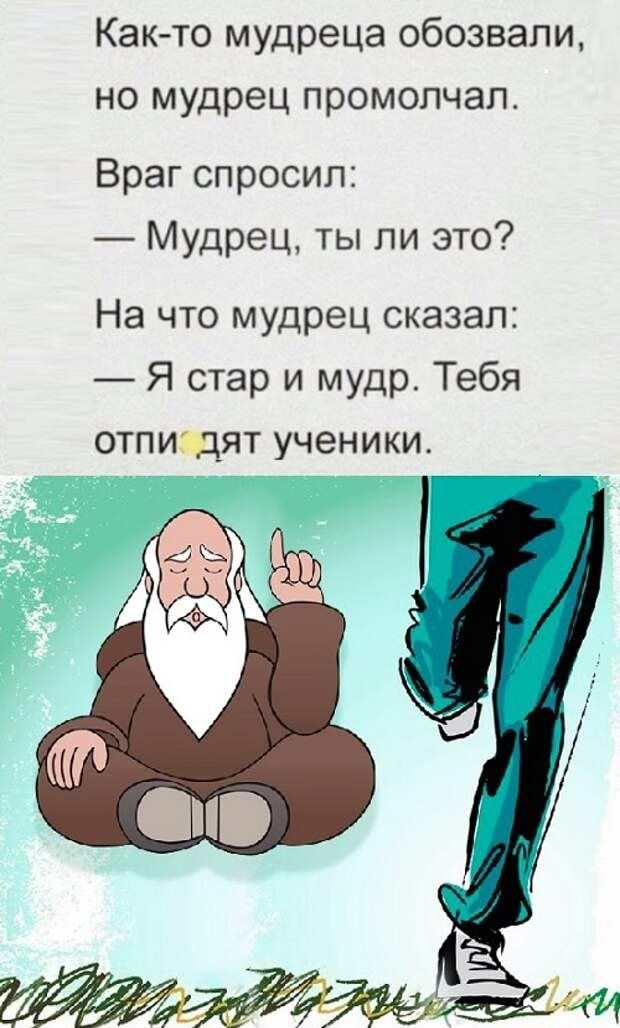 Както мудреца обозвали но мудрец промолчал Враг спросил Мудрец ты ли это На что мудрец сказал Я стар и мудр Тебя отпиъдят ученики