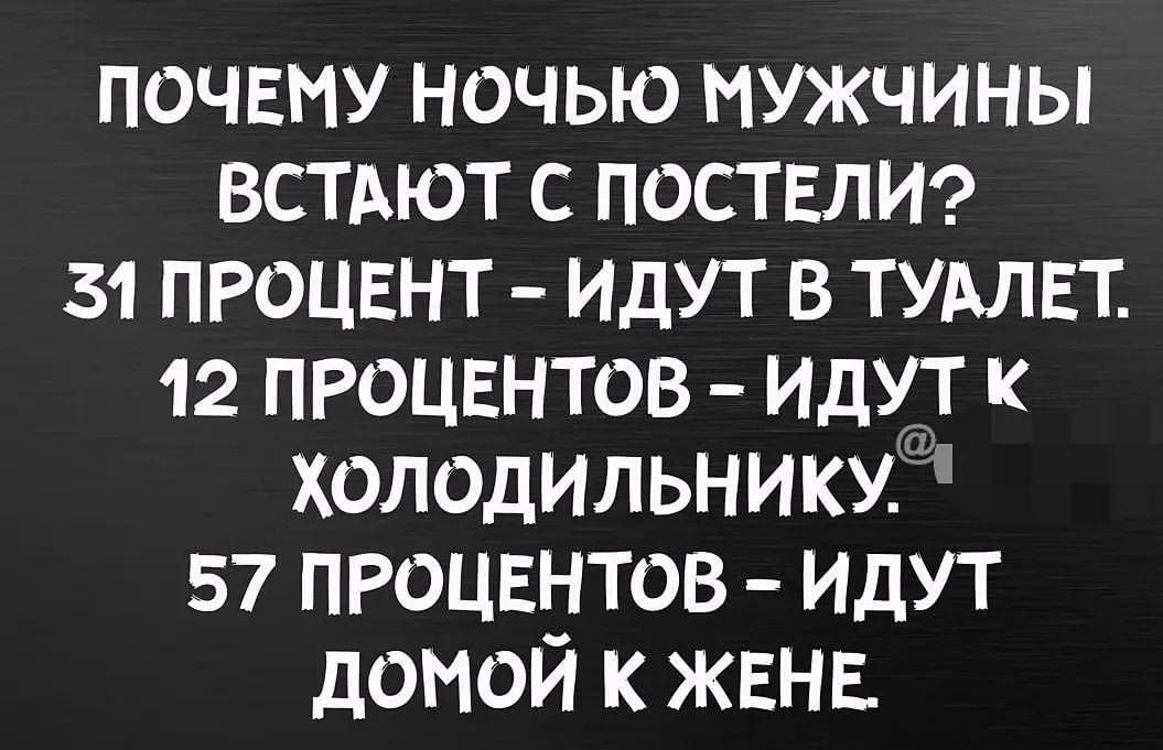 почему ночью мужчины встдют с постели 31 процвнт идут в тудлвт 12 процентов Идут к холодильнику 57 процвнтов идут домой к жвнв