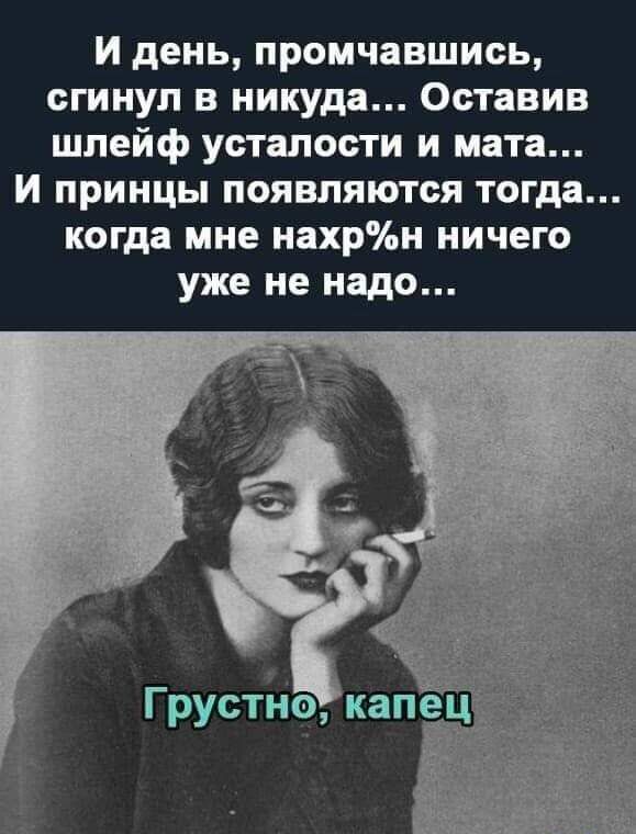 И день промчавшись сгинул никуда Оставив шлейф усталости и мата И принцы появляются тогда когда мне нахрн ничего уже не надо