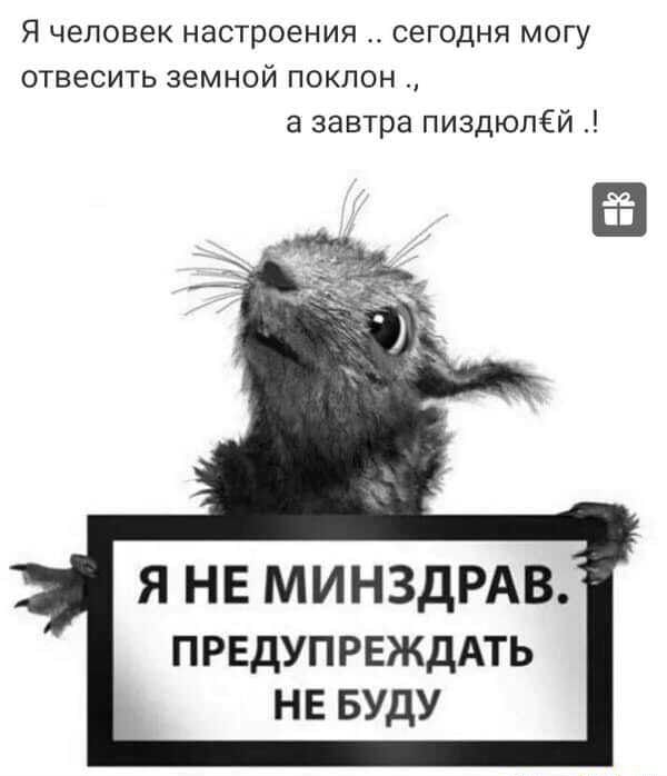 Я человек настроения сегодня могу отвесить земной поклон а завтра пиздюлёй Я НЕ МИНЗДРАВ ПРЕДУПРЕЖдАТЬ не вуду