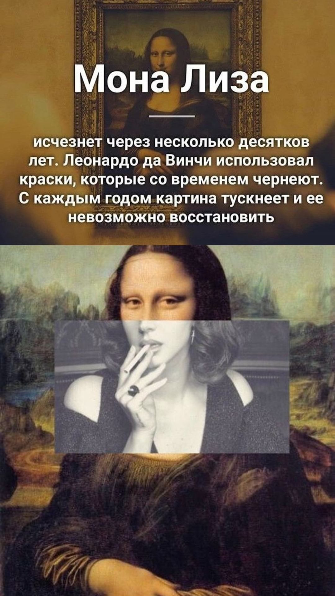 Мона Лиза исчезнет через несколько десятков лет Леонардо да Винчи использовал краски которые со временем чернеют с каждым годом картина тускнеет и ее невозможно восстановить