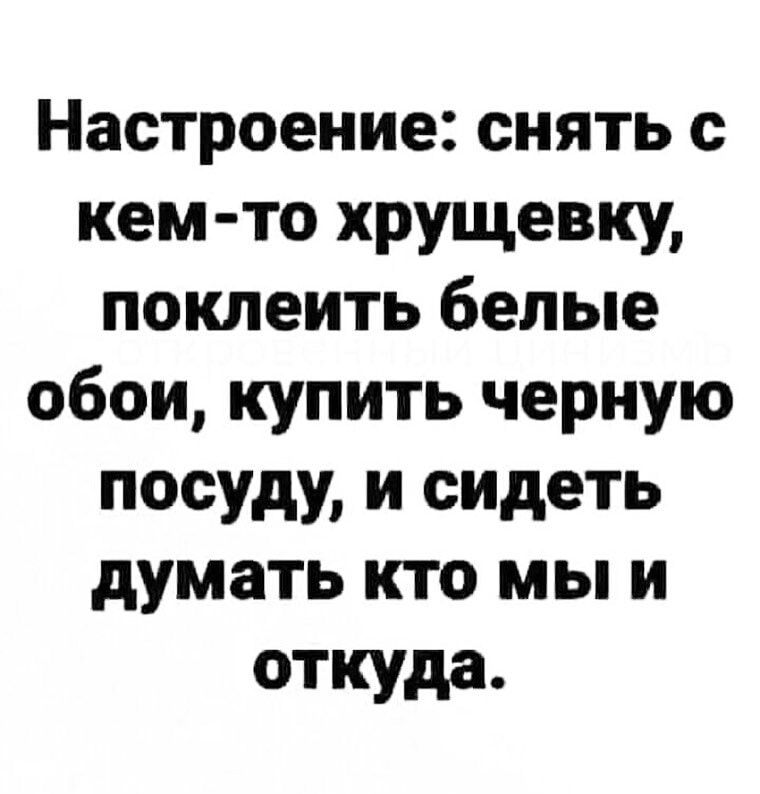 Настроение снять с кем то хрущевку поклеить белые обои купить черную посуду и сидеть думать кто мы и откуда