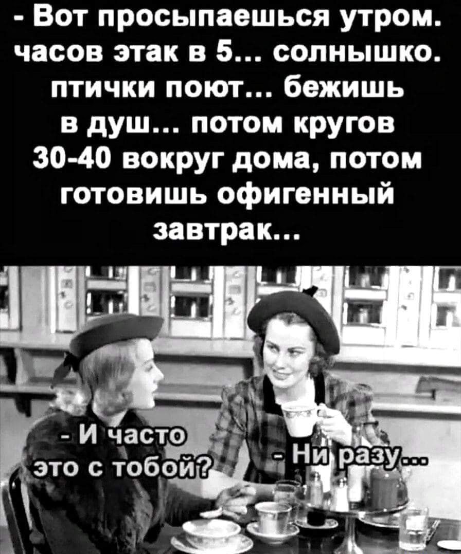 Вот просыпаешься утром часов атак на 5 солнышко птички поют бежишь в душ потом кругов 30 40 вокруг дома потом готовишь офигенный завтрак