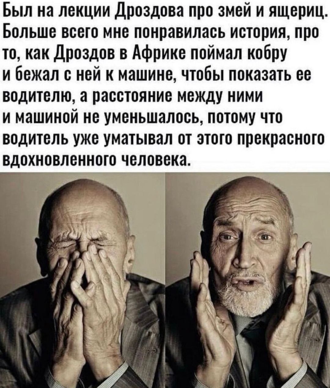 Был на лекции дроздова про змей и ящериц Больше всего мне понравилась истории про то как дроздов в Африке поймал кобпу и бежал е ней к машине чтобы показать ее водителю а расстояние между ними и машиной не уменьшалось потому что ВОДИТЕЛЬ УЖЕ УМШЫВЗЛ ОТ ЭТОГО прекрасного БДОХИОВЛЕННМО человека