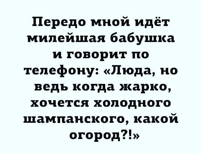 Передо мной идёт милейшая бабушка и говорит по телефону Люда но ведь когда жарко хочется холодного шампанского какой огород