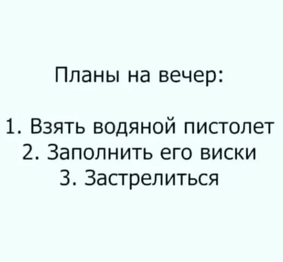 Планы на вечер 1 Взять водяной пистолет 2 Заполнить его виски 3 Застрелиться