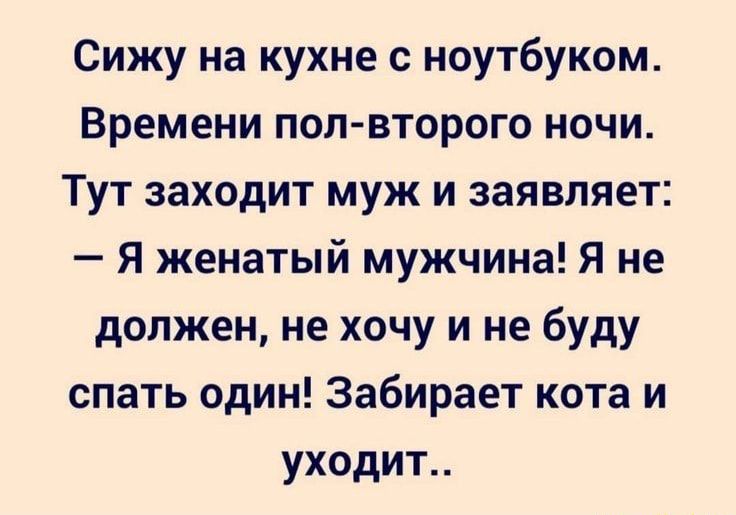 Сижу на кухне ноутбуком Времени пол второго ночи Тут заходит муж и заявляет Я женатый мужчина Я не должен не хочу и не буду спать один Забирает кота и уходит