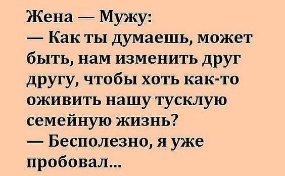 Жена Мужу Как ты думаешь может быть нам изменить друг другу чтобы хоть как то оживить нашу тусклую семейную жизнь Бесполезно я уже пробовъш