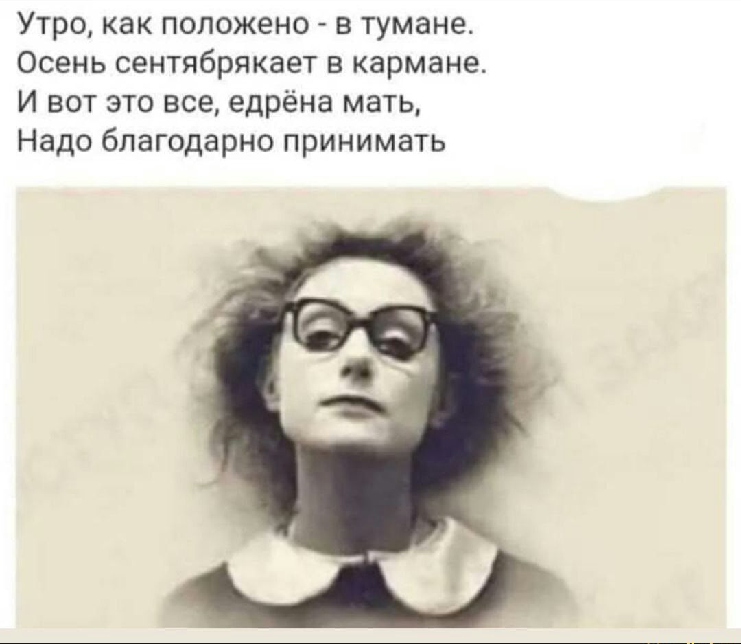 Утро как положено в тумане Осень сентябрякает в кармане И вот аш все едрена мать Надо благодарно принимать