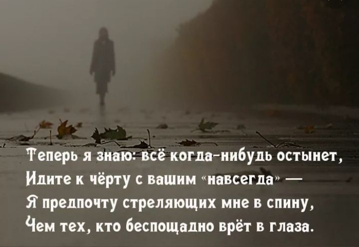 Теперь я знаю всё когданибудь остынет Идите к чёрту вашим инвсегдг Я предпочту стреляющих мне в спину Чем тех кто беспощппио врёт в глаза